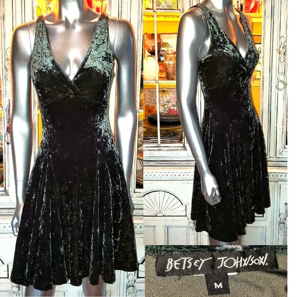 Vintage Betsey Johnson 90s Green Stretch Crushed Velvet Skater Slip Dress Size M - Picture 1 of 15